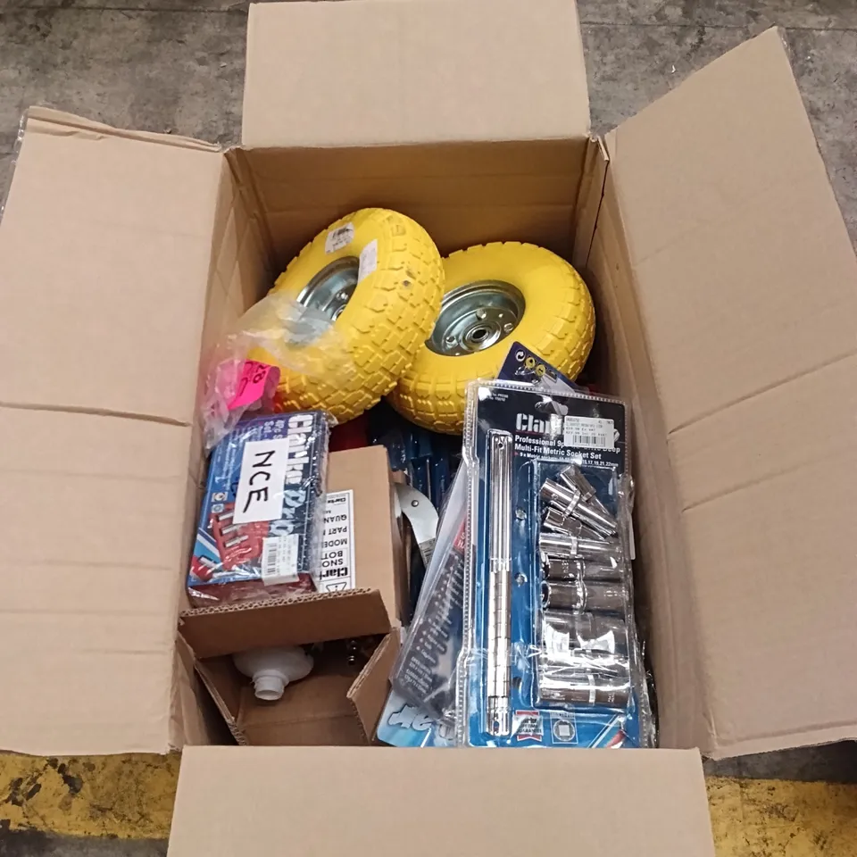 BOX OF ASSORTED PARTS AND DIY TOOLS TO INCLUDE SOCKET SETS, SPARE WHEELS, SCREW DRIVERS ETC. (1 BOX)