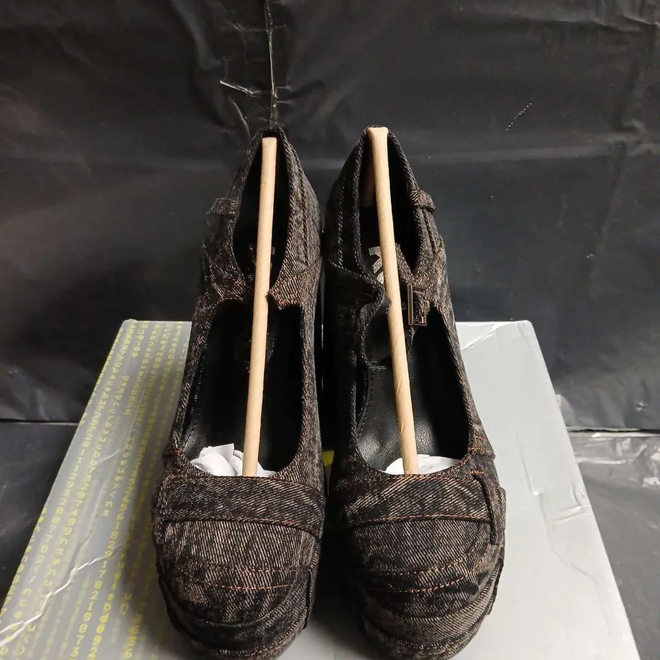 BOXED PAIR OF KOI FADED DENIM PLATFORM HEELS - BLACK, UK SIZE 3 