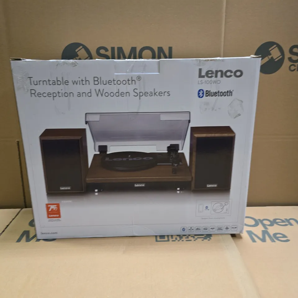 BOXED LENCO LS-100WD BELT DRIVE TURNTABLE WITH WOODEN SPEAKERS