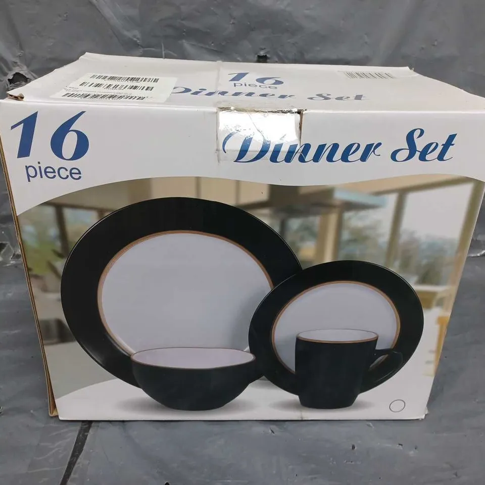 BOXED 16 PIECE BLACK GLAZED STONEWARE DINNER SET - COLLECTION ONLY