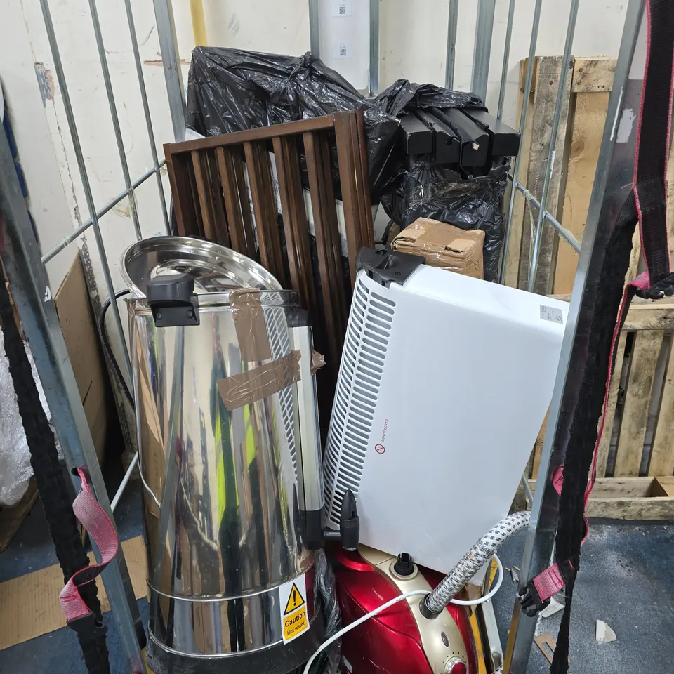 CAGE OF ASSORTED CONSUMER PRODUCTS/FURNITURE PARTS INCLUDING:  SMALL STOOL, GARMENT STEAMER AND HOT WATER URN ECT // CAGE NOT INCLUDED 