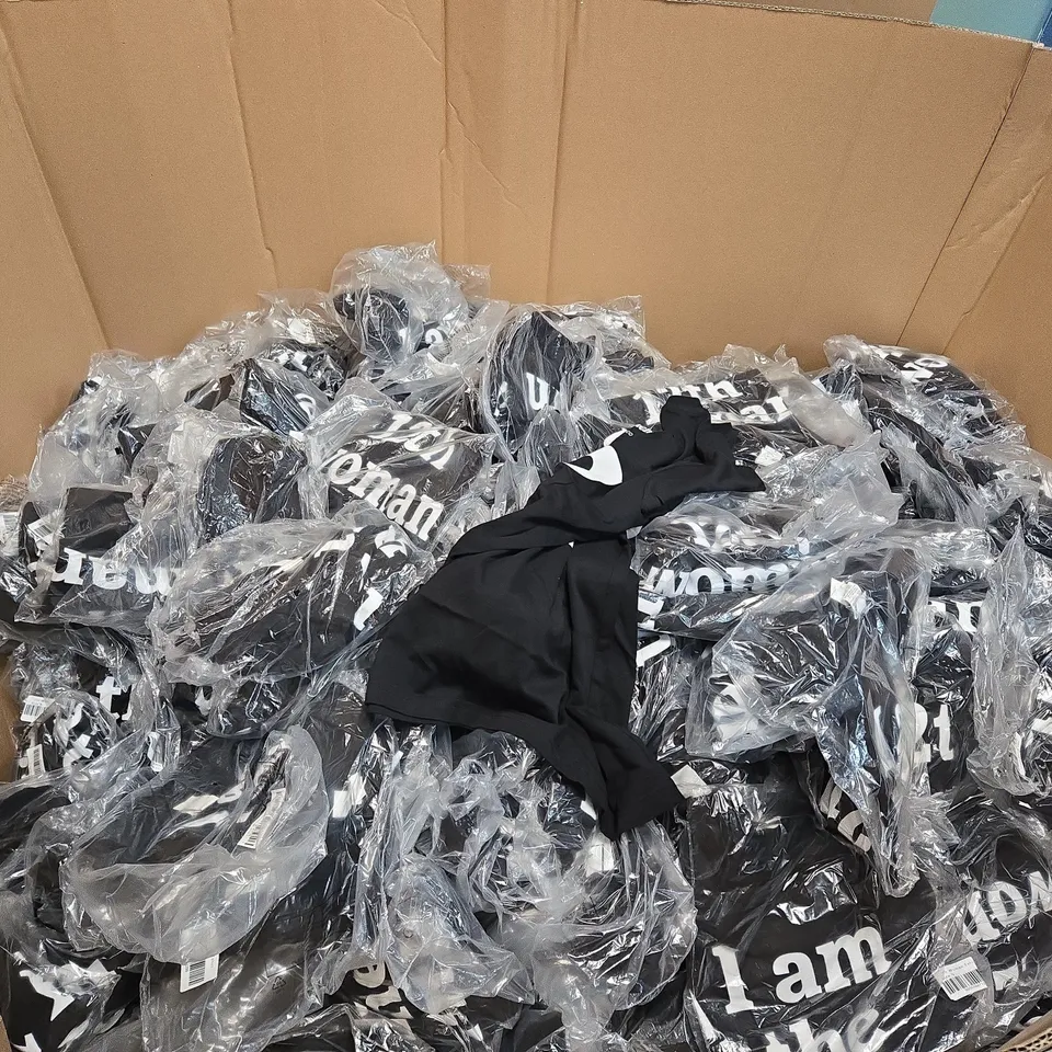 PALLET TO CONTAIN A LARGE AMOUNT OF "I AM THE 12TH WOMAN" BLACK T SHIRTS UEFA FOOTBALL