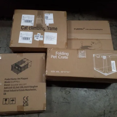 PALLET CONTAINING ASSORTED PRODUCTS INCLUDING CAT CLIMBING FRAME, 3-IN-1 SISAL SCRATCHING PAD, FOLDING PET CRATE & PET PLAYPEN