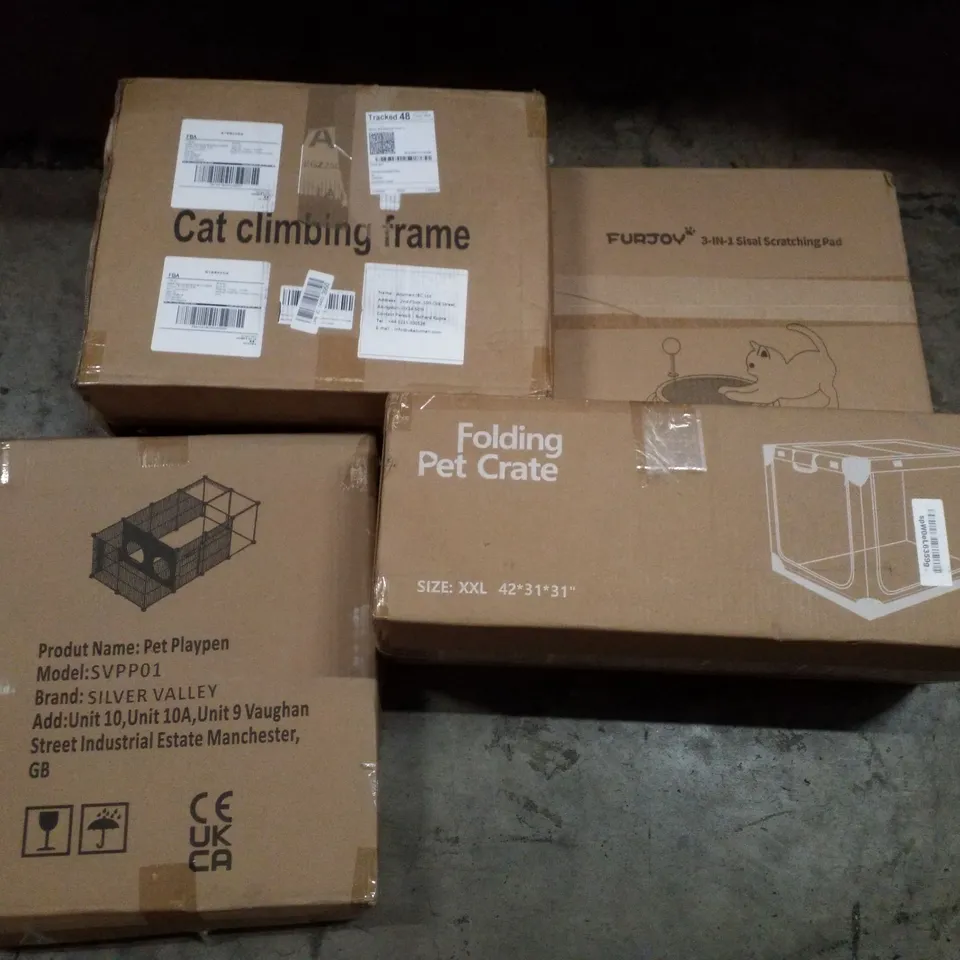 PALLET CONTAINING ASSORTED PRODUCTS INCLUDING CAT CLIMBING FRAME, 3-IN-1 SISAL SCRATCHING PAD, FOLDING PET CRATE & PET PLAYPEN