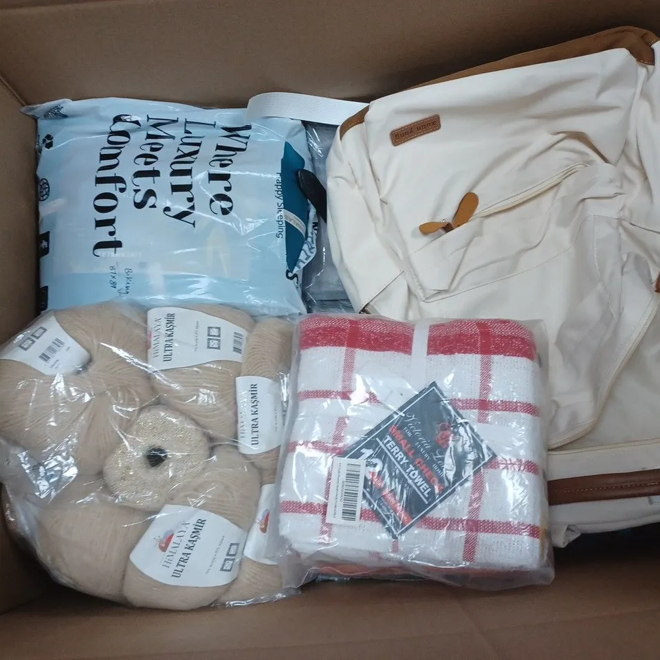 BOX OF APPROXIMATELY 12 ASSORTED HOUSEHOLD ITEMS TO INCLUDE - DONATION BUCKETS, TOTE BAG, AND FLY SWATTER ETC. 