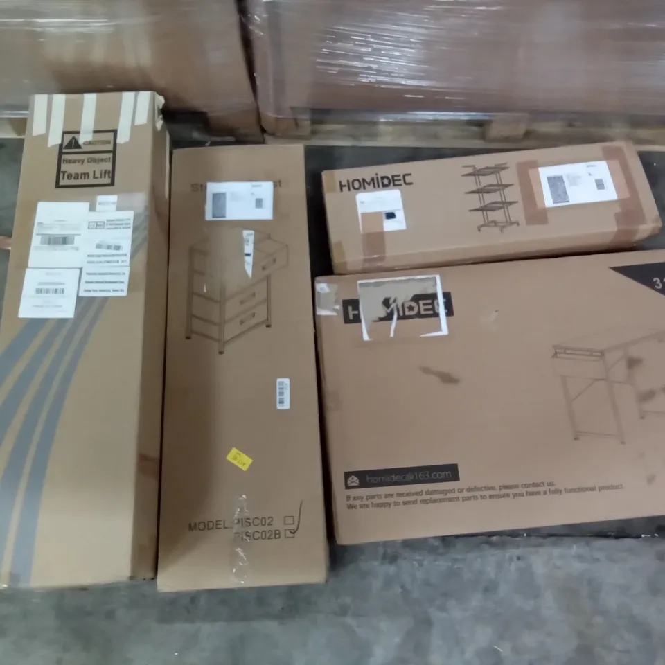 PALLET OF ASSORTED ITEMS INCLUDING HOMIDEC DRYING RACK, HOMIDEC DESK, STORAGE CHEST, RUNGAO A2 DRAWING BOARD DRAFTING TABLE, AIR PURIFIER