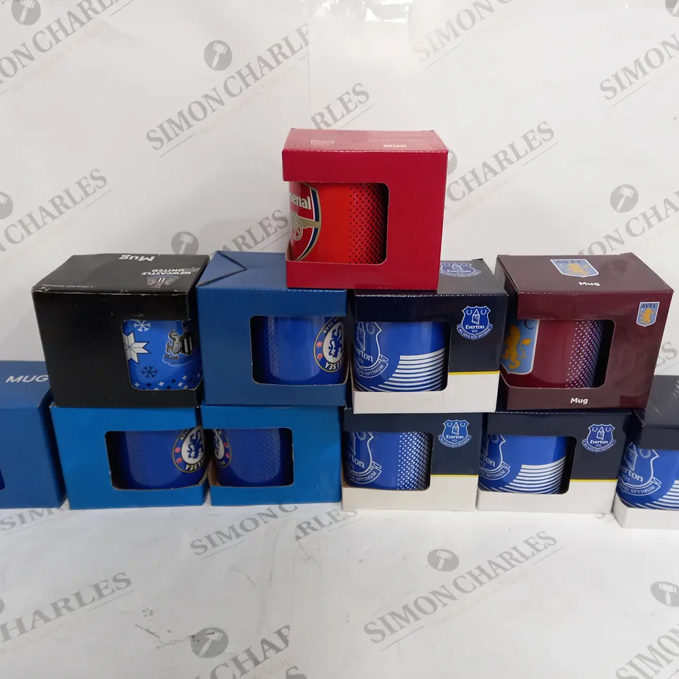 11 BOXED OFFICIALLY LICENSED FOOTBALL CLUB CREST MUGS TO INCLUDE 4 CHELSEA, 4 EVERTON, 1 NEWCASTLE, 1 ARSENAL, 1 ASTON VILLA