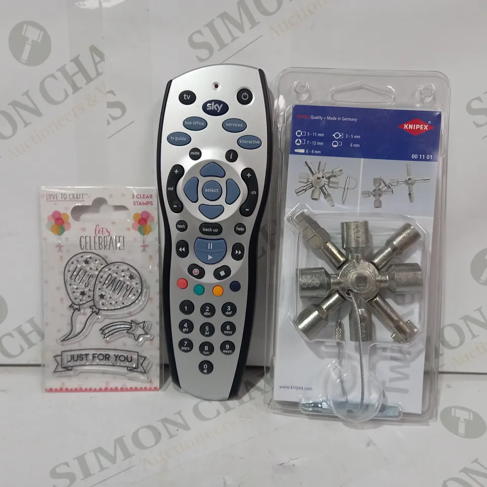 LOT OF APPROXIMATELY 10 ASSORTED HOUSEHOLD ITEMS TO INCLUDE KNIPEX UTILITY KEY, SKY TV REMOTE, ETC