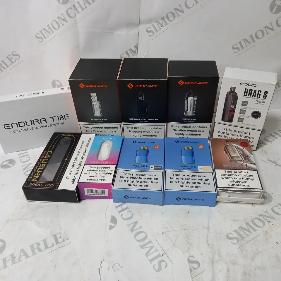 BOX OF APPROXIMATELY 10 ASSORTED E-CIG PRODUCTS TO INCLUDE GEEKVAPE, ASPIRE, VOOPOO 
