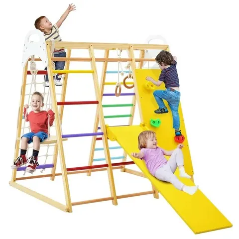 BOXED COSTWAY 8-IN-1 JUNGLE GYM PLAYSET, WOODEN CLIMBER PLAY SET WITH MONKEY BARS COLORFUL (1 BOX)