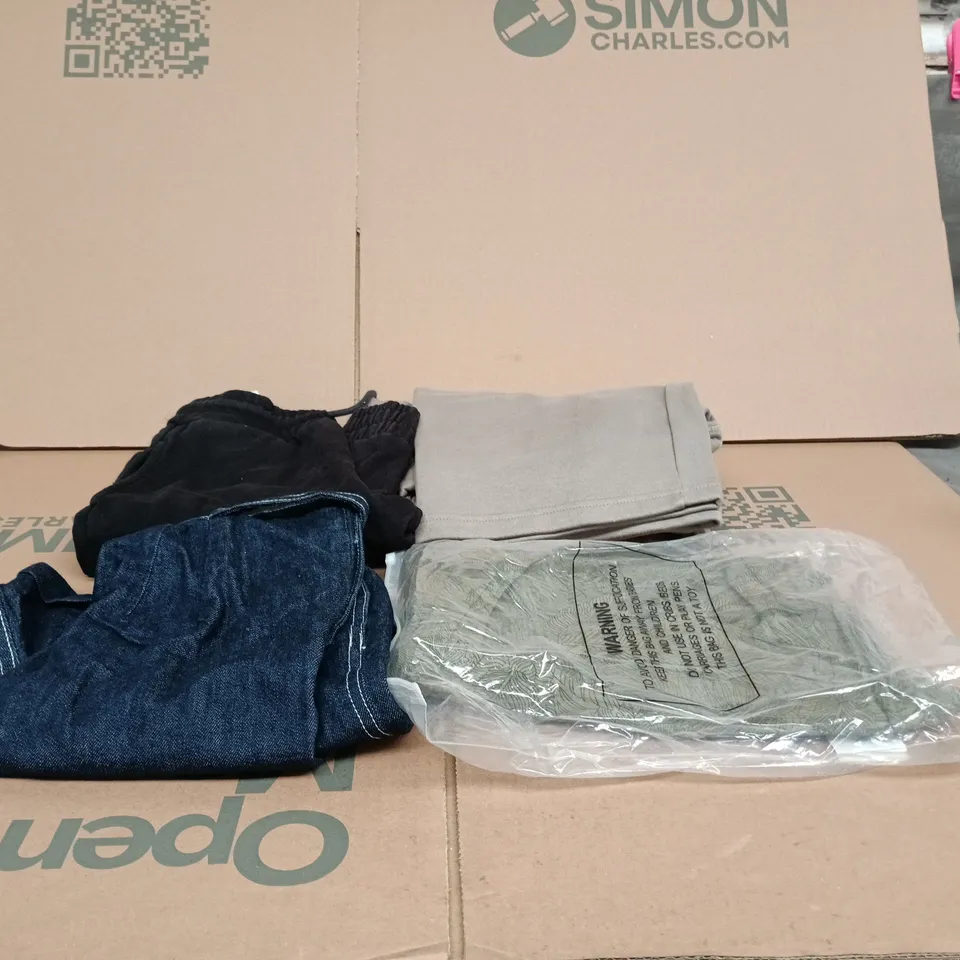 BOX OF APPROXIMATELY 25 ASSORTED CLOTHING ITEMS TO INCLUDE BLACK JOGGERS, PRIMARK JOGGERS, JEAN SHORTS ETC