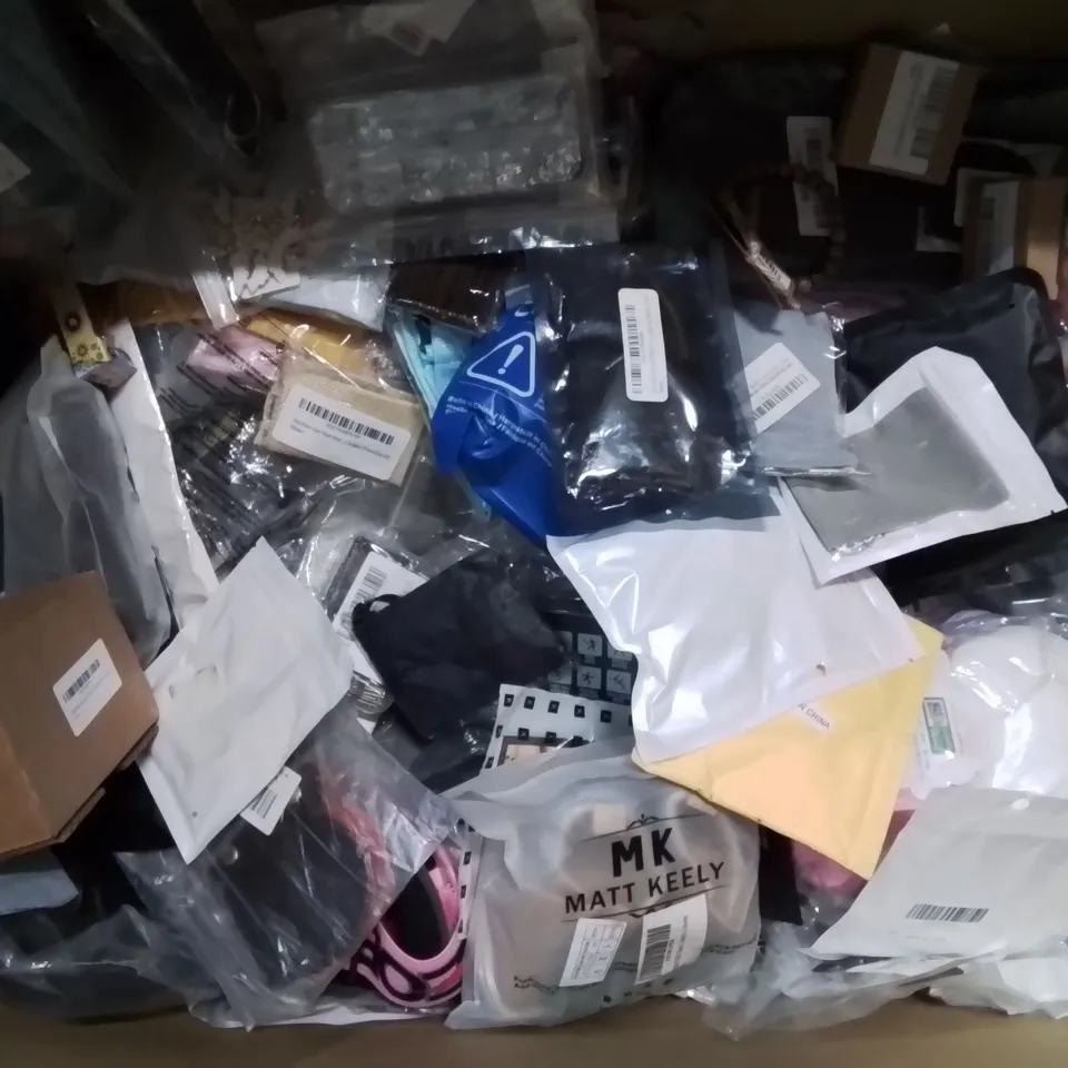 BOX CONTAINING LARGE AMOUNT OF MIXED FASHION ITEMS, SILVER PLATE AND COSTUME JEWELLERY, CLOTHING ITEMS ETC.