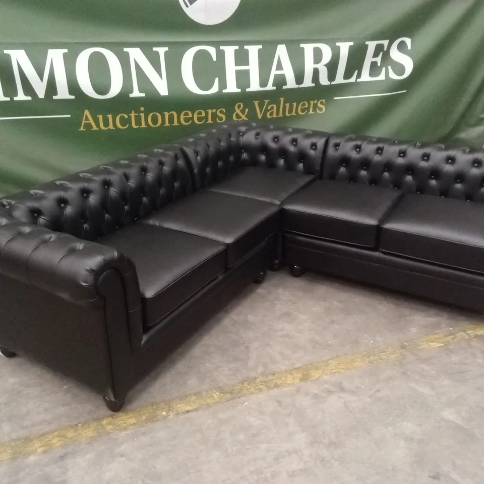 HAMPTON CHESTERFIELD FAUX LEATHER CORNER SOFA - BLACK