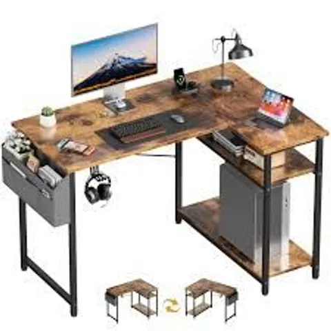 BOXED HLONONE REVERSIBLE CORNER DESK, 110X80CM, L-SHAPED GAMING DESK WITH STORAGE SHELVES - RUGGED BROWN (1 BOX)