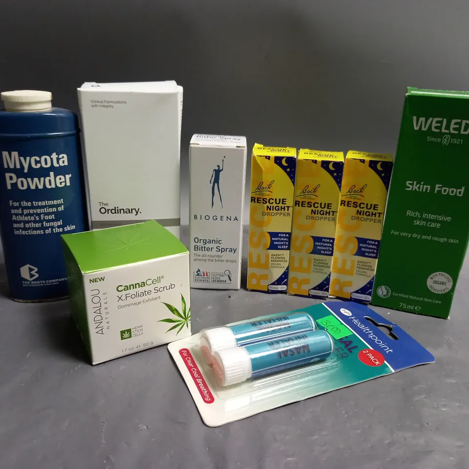 APPROXIMATELY 10 ASSORTED HEALTH AND BEAUTY PRODUCTS TO INCLUDE THE ORDINARY SQUALANE CLEANSER, BIOGENA ORGANIC BITTER SPRAY, ANDALOU CANNACELL X.FOLIATE SCRUB 