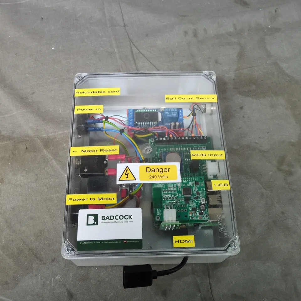 BADCOCK DRIVING RANGE CONTROL UNIT IN CLEAR ENCLOSURE – 240V UK MANUFACTURED 