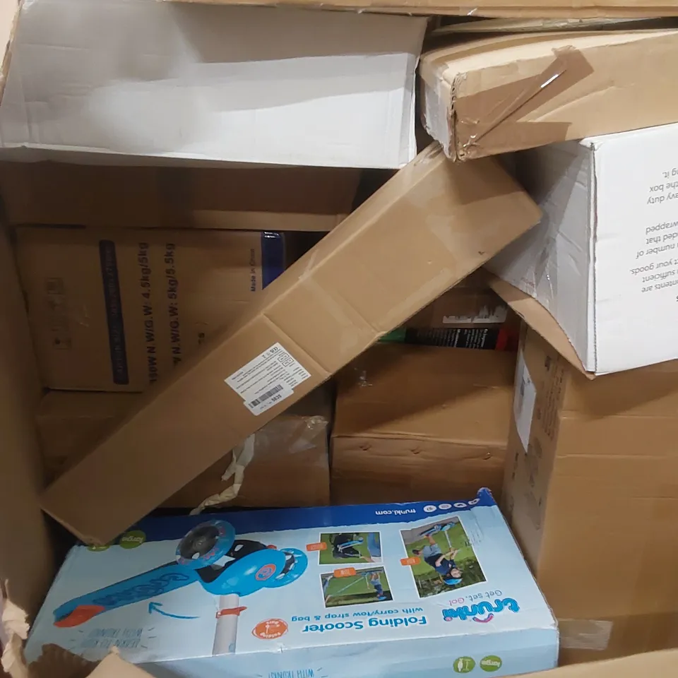 PALLET OF ASSORTED HOUSEHOLD ITEMS AND CONSUMER PRODUCTS TO INCLUDE; TIMBER RIDGE FOLDING CAMPING BED, NICEDAY MAGNETIC MINI EXERCISE BIKE, MANTISTOL VIYNL FLOORING CUTTER, STORAGE CASE ETC