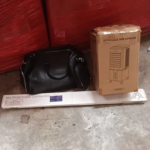 PALLET OF ASSORTED ITEMS TO INCLUDE - MULTIFUNCTION CURTAIN ROD, PORTABLE AIR COOLER, BLACK LEATHER GYM BAG 