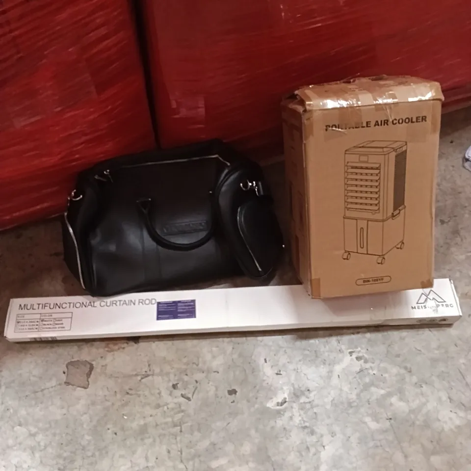 PALLET OF ASSORTED ITEMS TO INCLUDE - MULTIFUNCTION CURTAIN ROD, PORTABLE AIR COOLER, BLACK LEATHER GYM BAG