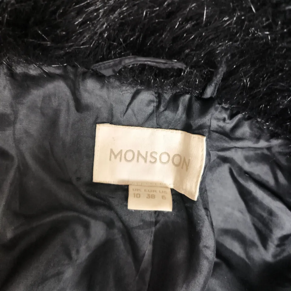 MONSOON BLACK FAUX FUR COAT – UK 10 (EU 38 / US 6)