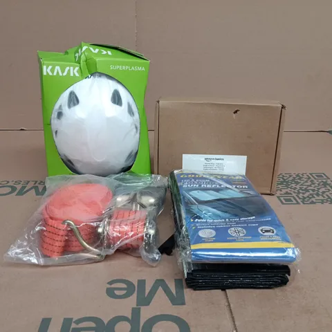 BOX OF APPROXIMATELY 15 ASSORTED AUTO RELATED ITEMS TO INCLUDE GOODYEAR SUN REFLECTOR, AMAZON RATCHET STRAP, KASK HELMET ETC