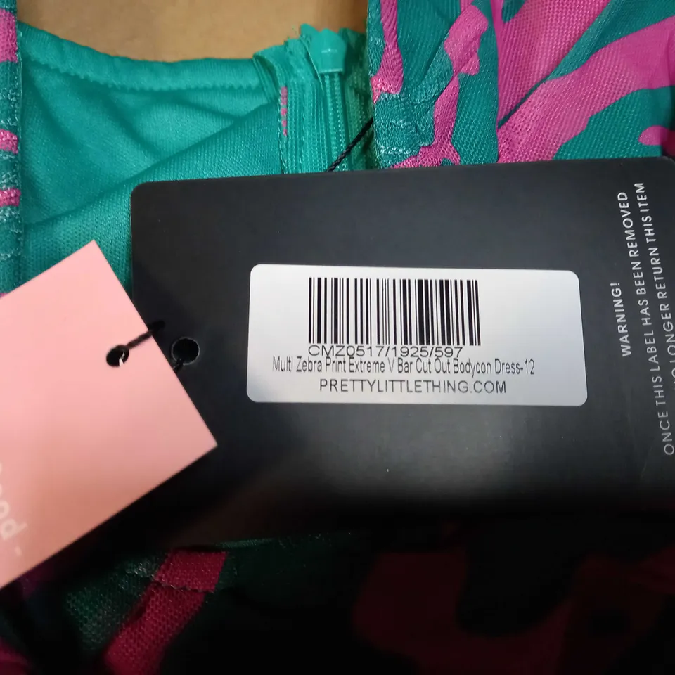 PRETTYLITTLETHING MULTI ZEBRA PRINT EXTEME V BAR CUT OUT BODYCON DRESS - SIZE 12