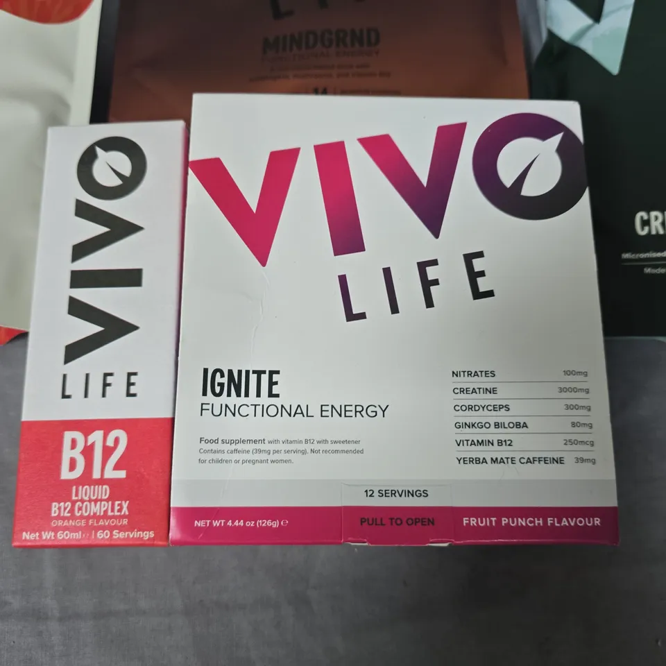 LOT OF 5 ASSORTED VIVO LIFE DIETARY SUPPLEMENTS TO INCLUDE ALL IN ONE MEAL AND B12 LIQUID COMPLEX