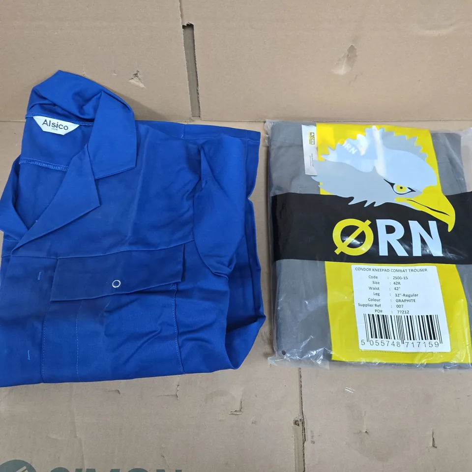 LARGE QUANTITY OF ASSORTED ITEMS TO INCLUDE WORK TROUSER WITH KNEEPADS, WORK COVERALLS IN VARIOUS SIZES ETC - COLLECTION ONLY