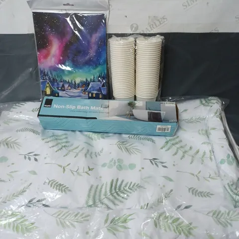 APPROXIMATELY 15 ASSORTED HOUSEHOLD ITEMS TO INCLUDE BABY CHANGING MAT, BATH MATS PAPER CUPS