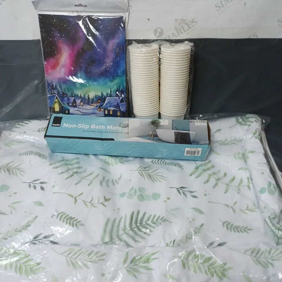 APPROXIMATELY 15 ASSORTED HOUSEHOLD ITEMS TO INCLUDE BABY CHANGING MAT, BATH MATS PAPER CUPS