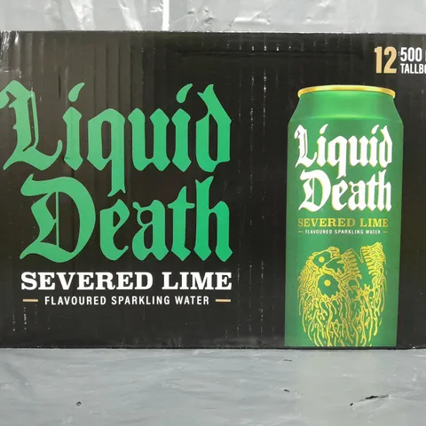 BOX OF 12 500ML CANS OF LIQUID DEATH SPARKLING WATER IN SEVERED LIME FLAVOUR