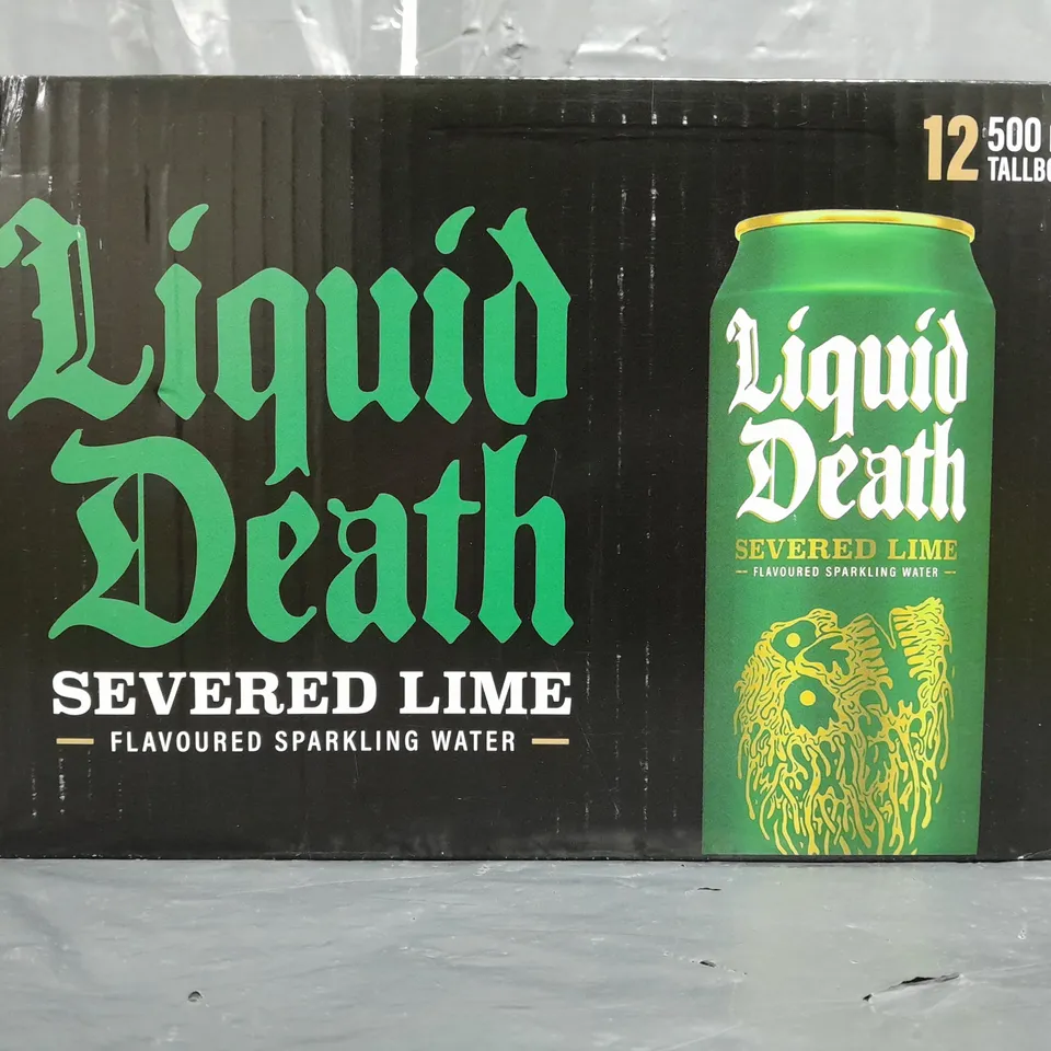 BOX OF 12 500ML CANS OF LIQUID DEATH SPARKLING WATER IN SEVERED LIME FLAVOUR