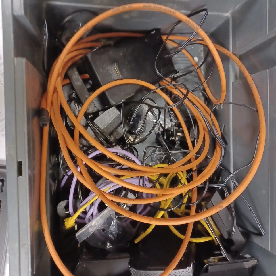 BOX OF ASSORTED ELECTRONIC CABLES AND COMPONENTS TO INCLUDE ETHERNET CABLE, DELL MAINS TO USB-C POWER ADAPTER DA65NM190, AC ADAPTER SK90195334, ETC