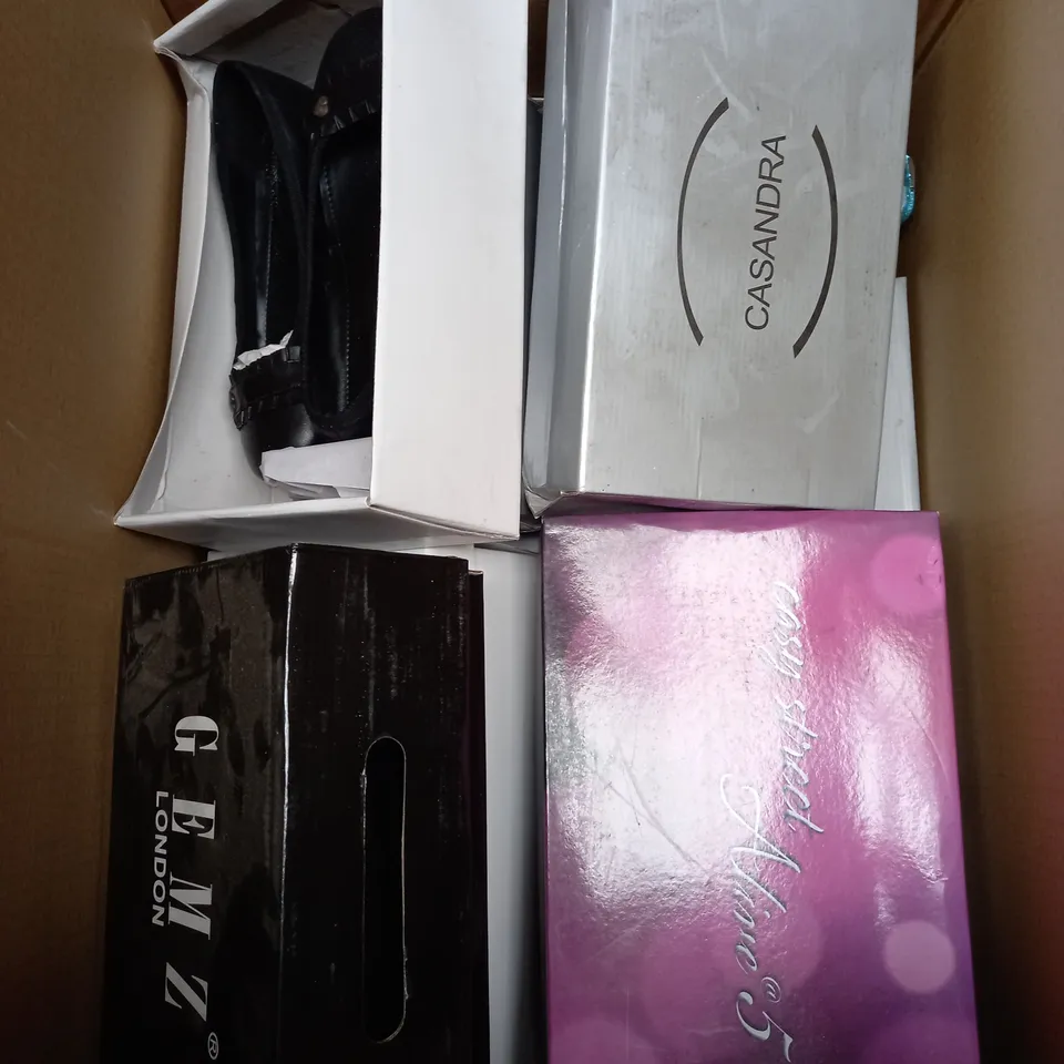 BOX OF APPROXIMATELY 10 ASSORTED PAIRS OF SHOES TO INCLUDE SILVER HEELS, GEM HEELS, COFFEE COLOURED HEELS ETC