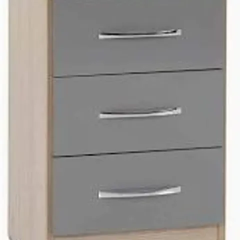 BOXED NEVADA 3 DRAWER BEDSIDE - GREY GLOSS/LIGHT OAK (1 BOX)