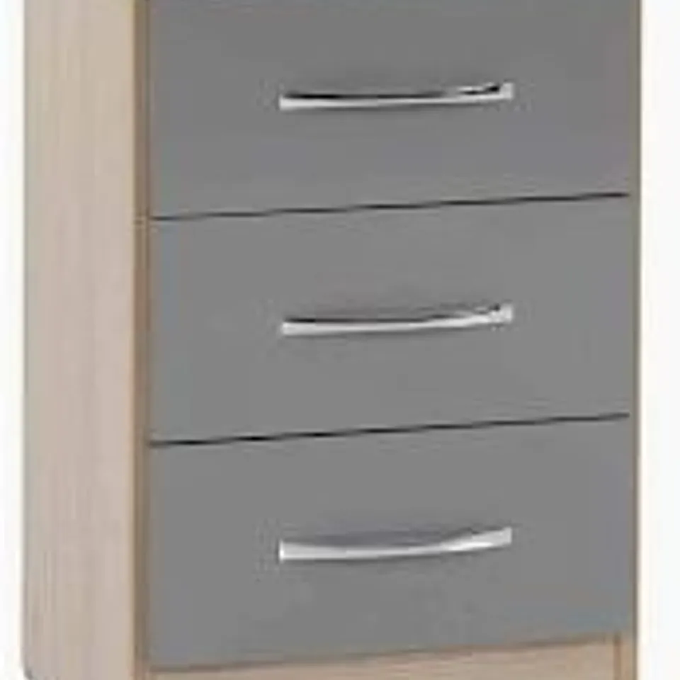BOXED NEVADA 3 DRAWER BEDSIDE - GREY GLOSS/LIGHT OAK (1 BOX)