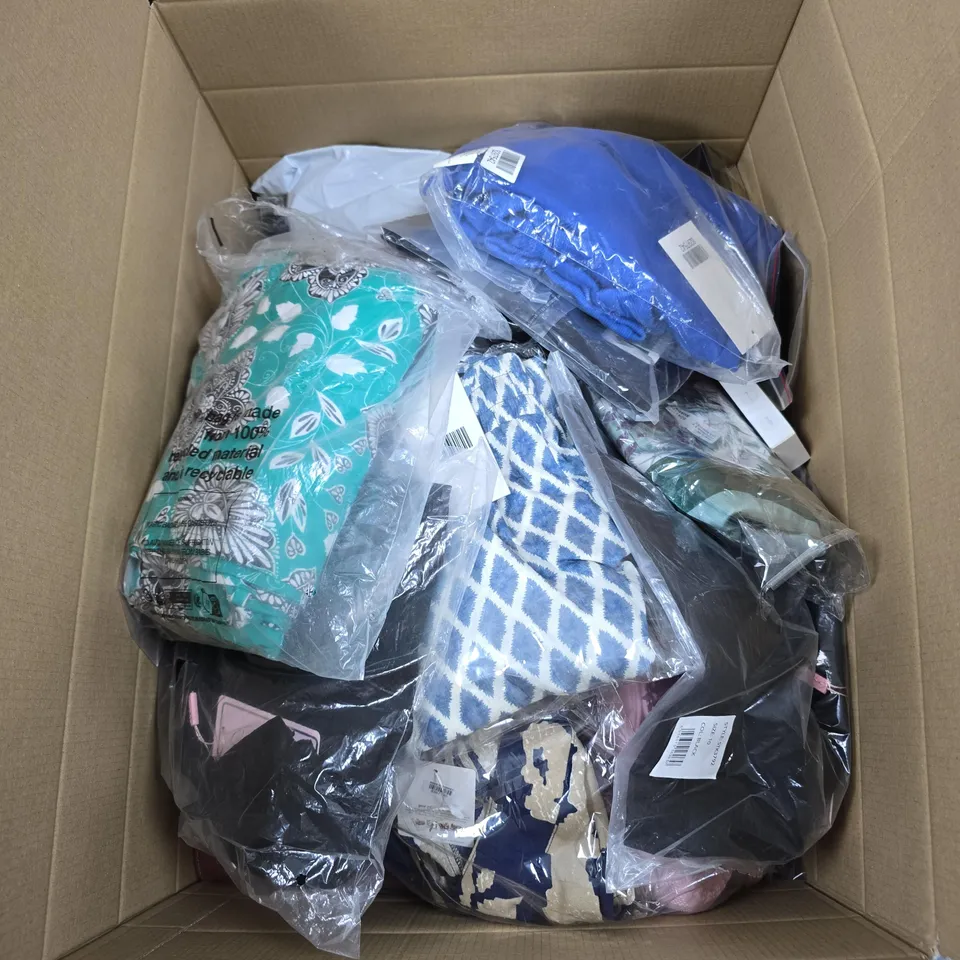 BOX OF APPROXIMATELY 15 ASSORTED ITEMS INCLUDING LA MAREY BLACK LINEN TROUSERS, EMELIAX CLASSICS EMELIA PRINT MIDI DRESS AND STYLES BY BLUE TROUSERS