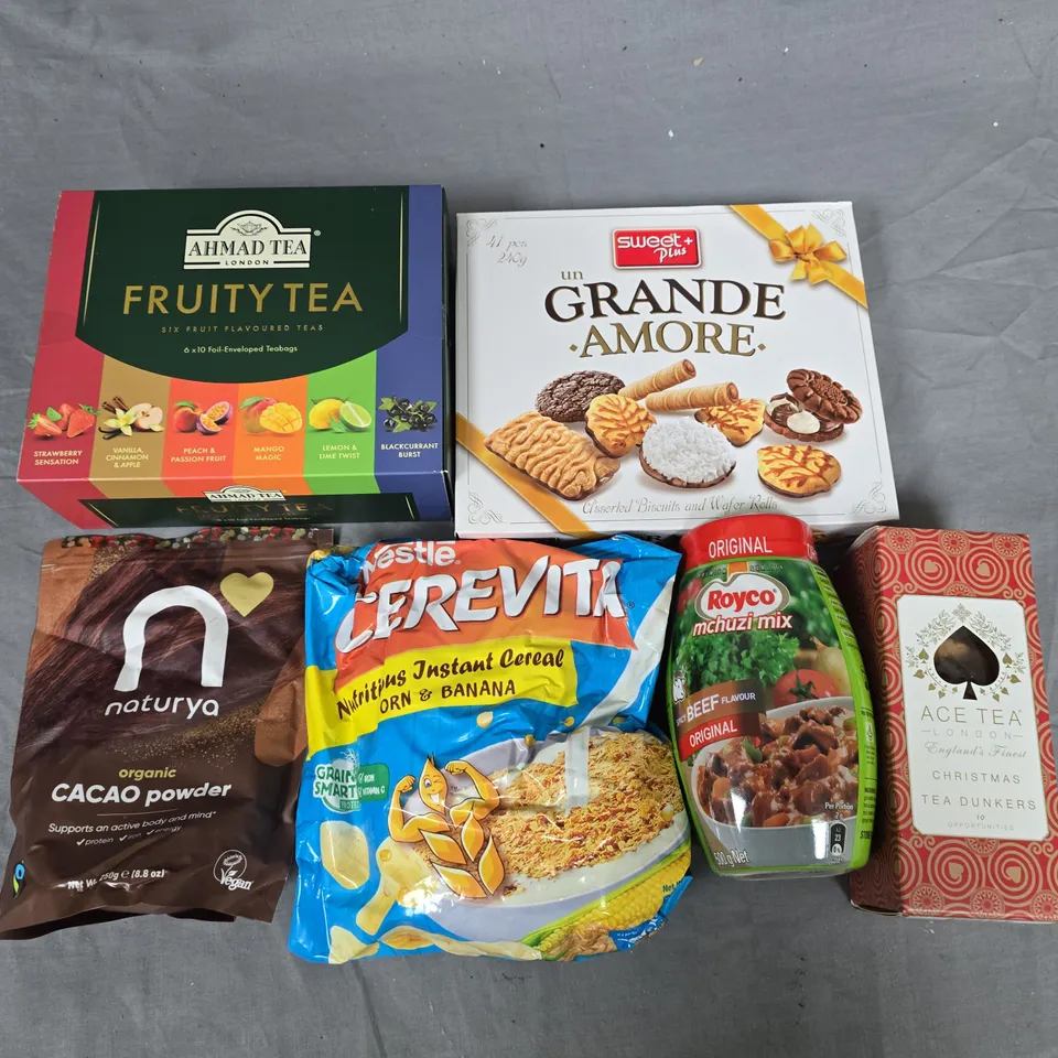 LOT OF 12 ASSORTED FOOD ITEMS TO INCLUDE NAIRNSA MULTI-PACK, FRUITY TEA AND CEREVITA