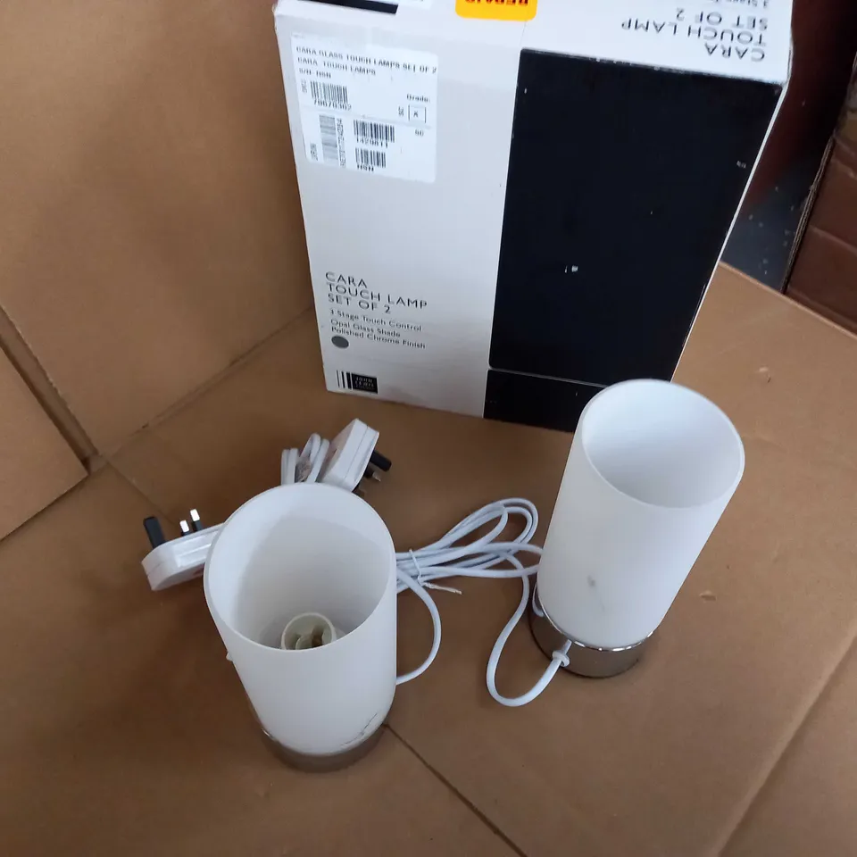 BOXED JOHN LEWIS CHROME/OPAL GASS SHADE TOUCH LAMP SET OF 2
