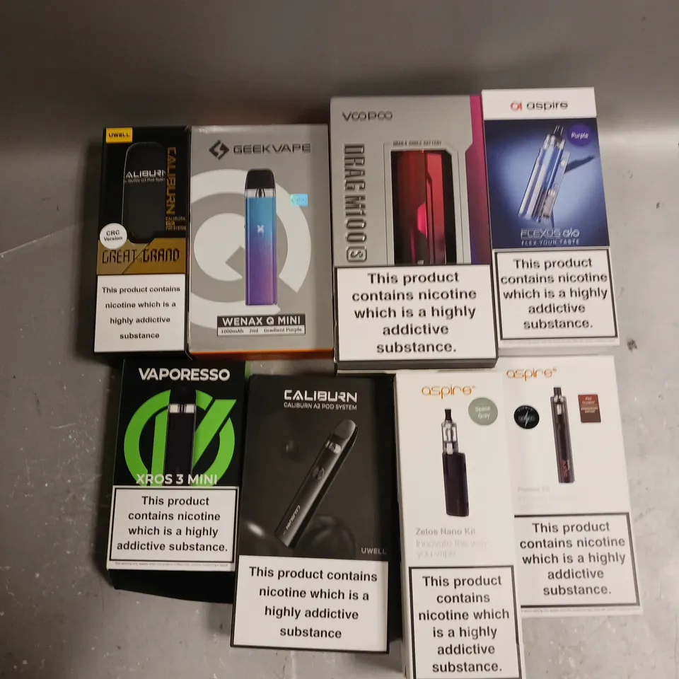 APPROXIMATELY 20 ASSORTED E-CIGARETTE PRODUCTS TO INCLUDE ASPIRE, CALIBURN, GEEKVAPE ETC 
