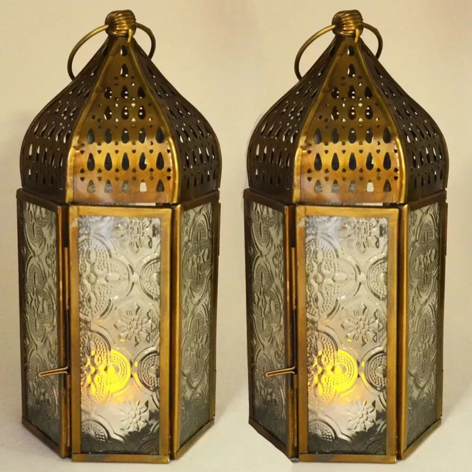 BOXED MOROCCAN STYLE METAL/GLASS LANTERN WITH BRASS DETAILING (SET OF 2)