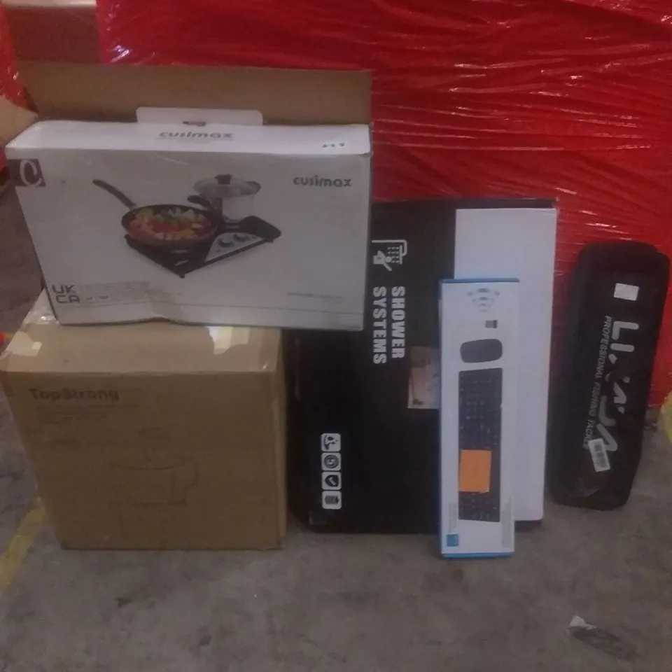 PALLET OF ASSORTED ITEMS INCLUDING INFRARED COOKER, FOOD PROCESSOR, SHOWER SYSTEM, FISHING TACKLES, KEYBOARD