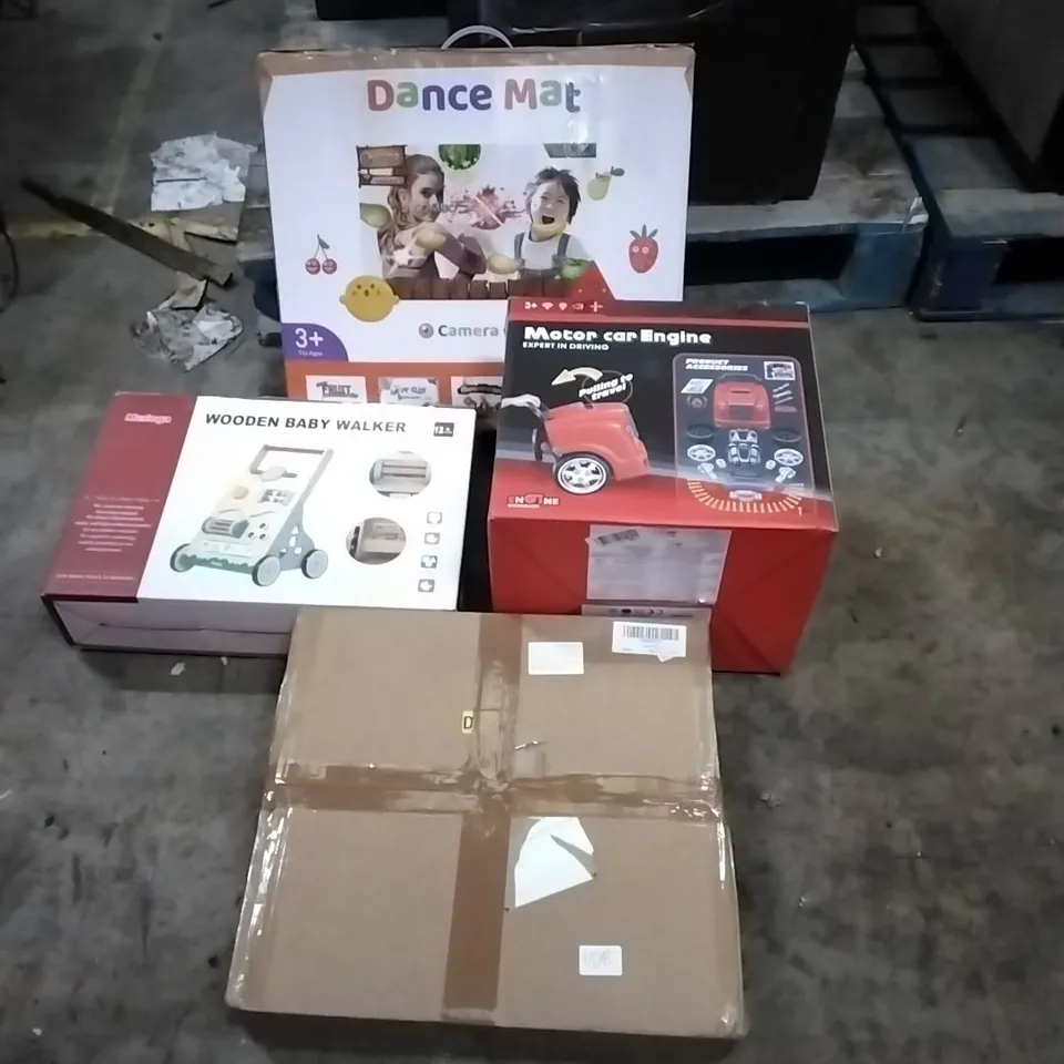 PALLET OF HOUSEHOLD ITEMS TO INCLUDE DANCE MAT, WOODEN BABY WALKER, MOTOR CAR ENGINE TOY,SWIVEL CHAIR AND OTHER ASSORTED ITEMS...