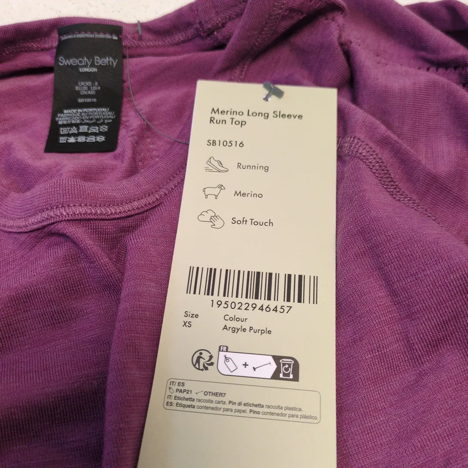 SWEATY BETTY MERINO LONG SLEEVE RUN TOP – ARGYLE PURPLE, XS