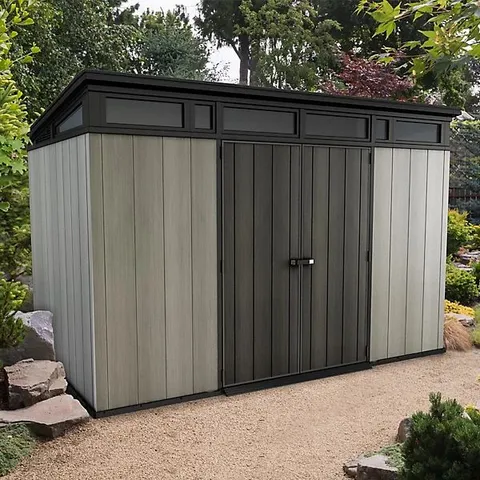 BOXED KETER ARTISAN TONGUE & GROOVE 7x11 FT PENT GREY PLASTIC 2 DOOR SHED WITH FLOOR & 1 WINDOW (3 BOXES)