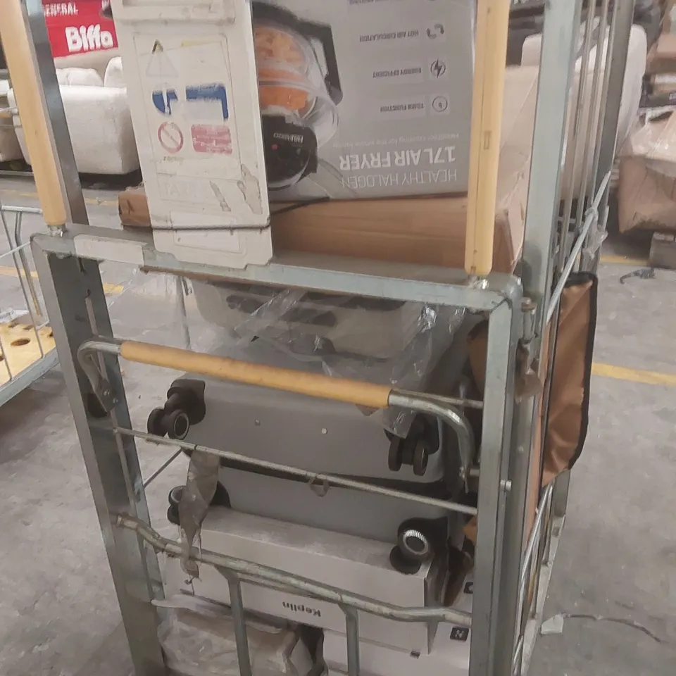 CAGE CONTAINING A LARGE QUANTITY OF ASSORTED ITEMS INCLUDING: AIR FRYER, SUITCASES, BAMBOO SHOE RACKS ECT // CAGE NOT INCLUDED