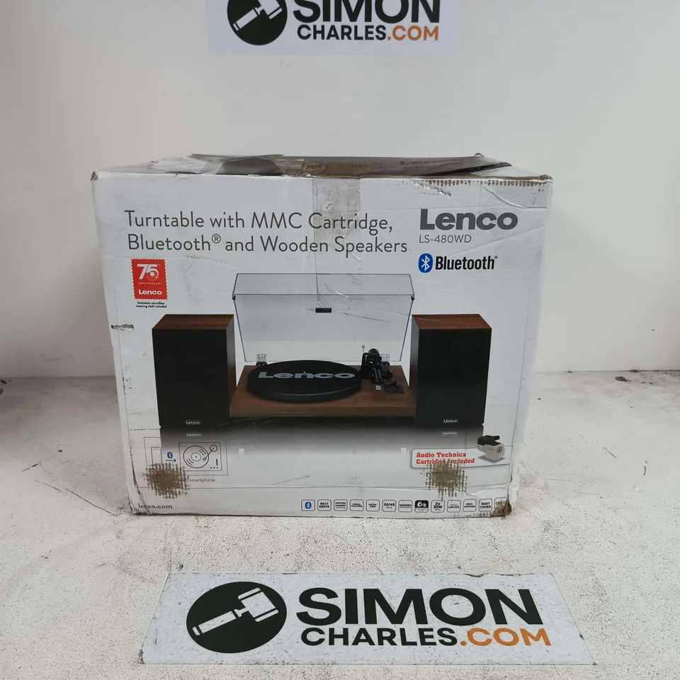BOXED LENCO TURNTABLE WITH MMC CARTRIDGE AND WOODEN SPEAKERS