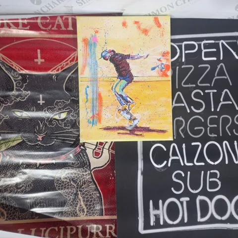 BOX OF APPROXIMATELY 20 ASSORTED ARTWORK ITEMS TO INCLUDE BLACK & WHITE NEON SIGN PRINT, SKATEBOARDER CANVAS, SMOKE CATNIP HAIL LUCIPURR POSTER, ETC