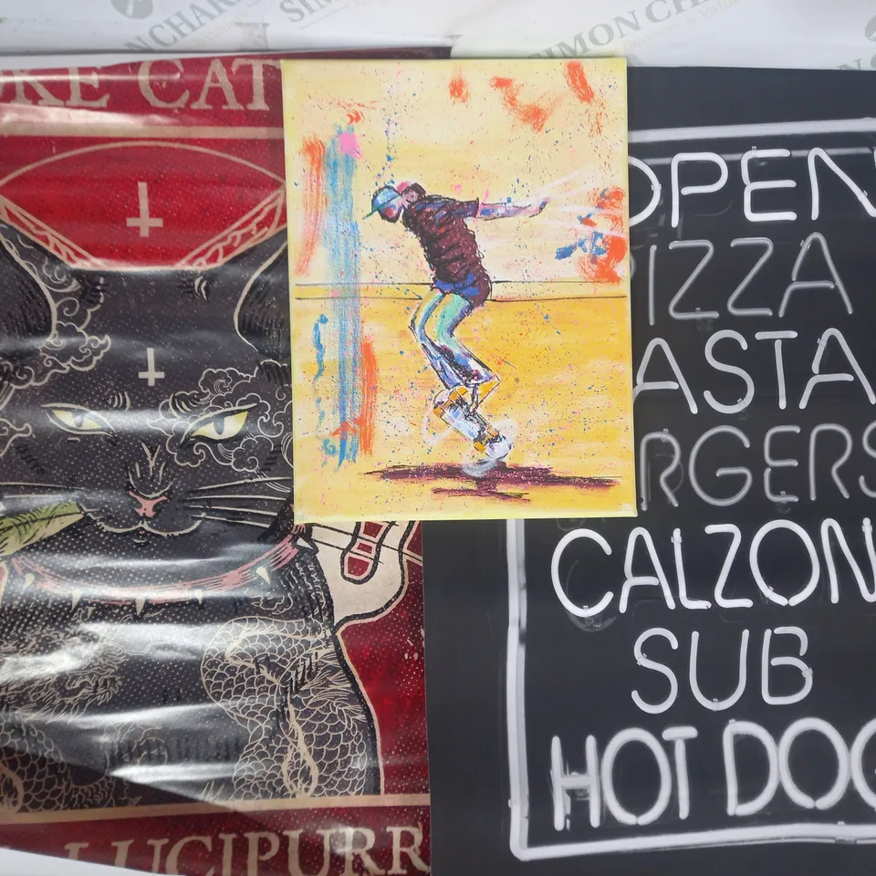 BOX OF APPROXIMATELY 20 ASSORTED ARTWORK ITEMS TO INCLUDE BLACK & WHITE NEON SIGN PRINT, SKATEBOARDER CANVAS, SMOKE CATNIP HAIL LUCIPURR POSTER, ETC