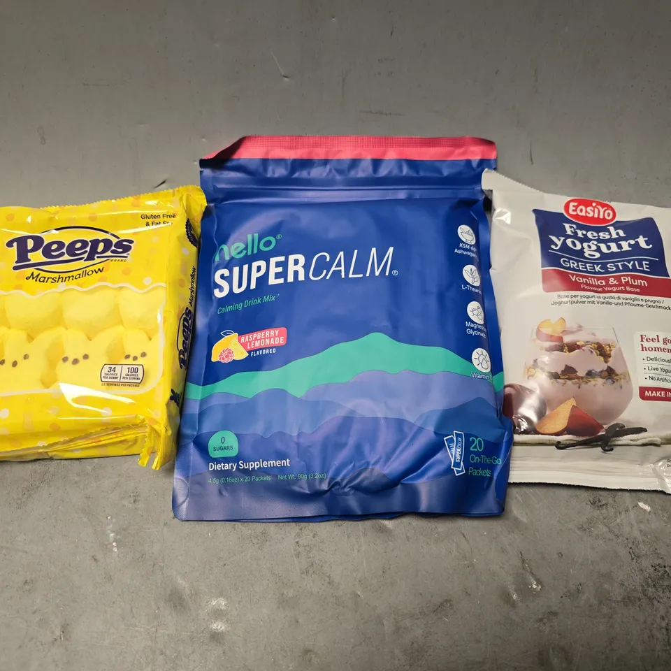 APPROXIMATELY 8 ASSORTED FOOD ITEMS TO INCLUDE -NELLO SUPER CALM , FRESH YOGURT , PEEPS MARSHMALLOW 